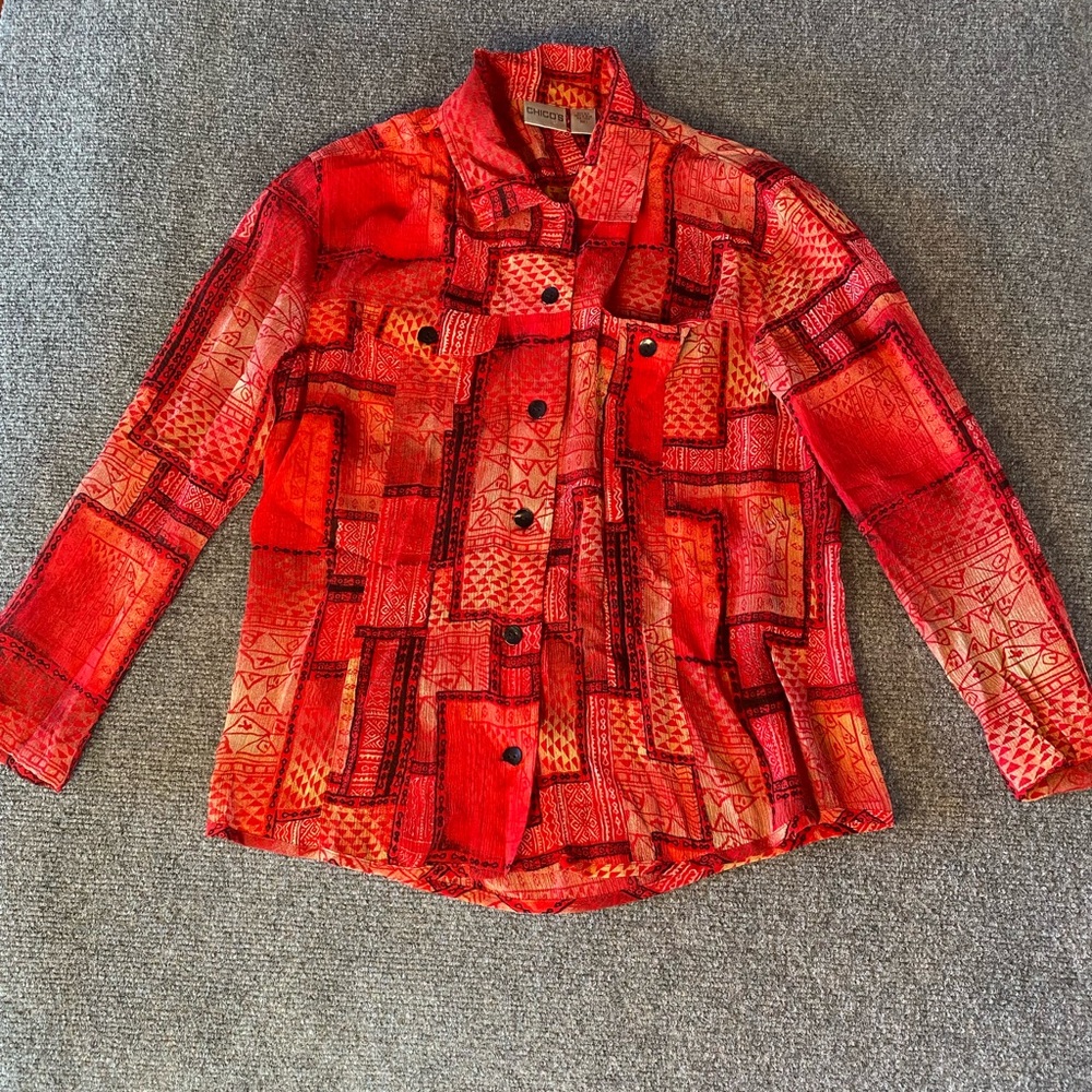 Chico's Vibrant‎ Red Geometric Button Down Sheer blouse size 1 (8-10)